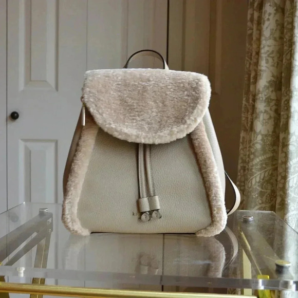 Kate Spade K9398 Leila Flap Backpack Fur Faux Shearling Light Sand - Picture 1 of 12